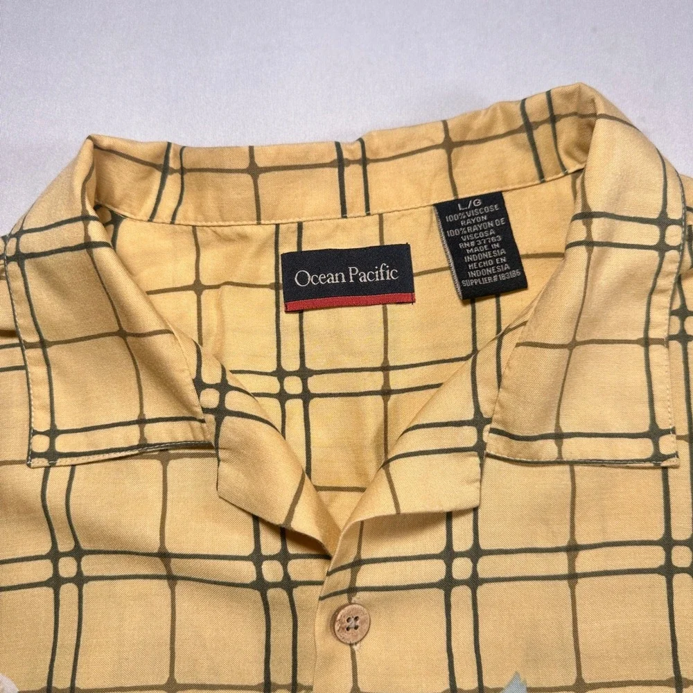 Y2K‎ Ocean Pacific Hawaiian Shirt Mens Large Yellow Rayon Floral Plaid Surf Camp